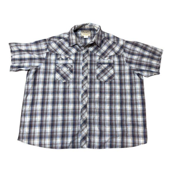 Wrangler Western Mens Plaid Short Sleeve Pearl Snap Shirt 3XL Cotton Blue White - Picture 1 of 6